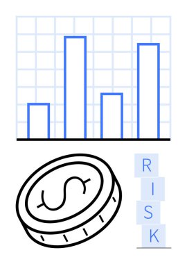 Baro tablosu çeşitli finansal verileri, dolar sikkesi parasal kavramları, RISK istiflenmiş bloklar ise belirsizliği simgeliyor. Finans, yatırım, iş kararları, veri analizi için ideal