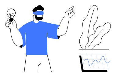 Elinde ampul tutan VR kulaklık takan bir adam yüzen elementlere doğru hareket ediyor. Buna bitki ve grafik de dahil. Yenilik, teknoloji, yaratıcılık, analitik, vizyon, araştırma için ideal