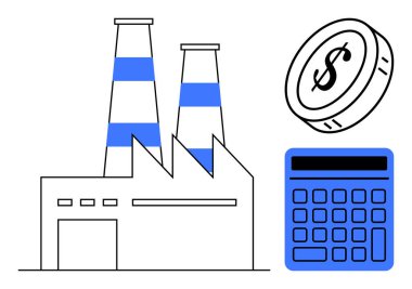 Üretimi, bütçeyi, finansmanı, sanayiyi ve ekonomik stratejiyi temsil eden bacaları, hesap makinesi ve dolar parası olan bir fabrika. İş dünyası için ideal, maliyet analizi üretimi ekonomisi