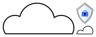 Geniş çizgili bulut merkezi, daha küçük bulut ve kalkan kilidi ikonu. Veri güvenliği, bulut depolama koruması, siber güvenlik, çevrimiçi gizlilik, bilişim altyapısı, dijital güvenlik, güvenlik için ideal