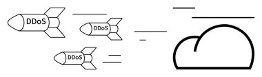 Hareket çizgileri olan bir buluta DDoS etiketli üç füze çevrimiçi sistemlere yönelik tehditleri sembolize ediyor. Siber güvenlik, bulut koruması, veri güvenliği, dijital savunma ve teknoloji güvenliği için ideal