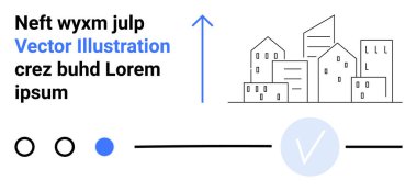 Modern binalar ve yükselen okla soyut şehir manzarası. Yer tutucu metin ve dairesel simgeler içerir. Kentsel gelişim, büyüme, dijital pazarlama, tasarım projeleri ve sunumlar için ideal