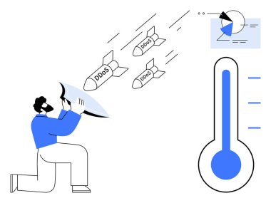 Adam yaklaşan DDOS saldırılarını engellemek için kalkan tutuyor, termometre siber güvenlik yoğunluğu ve veri analizi çizelgesi gösteriyor. Siber güvenlik, koruma, risk yönetimi, çözümler ve bilişim tehditleri için ideal