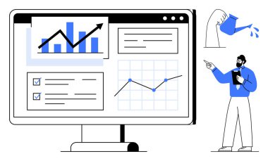 Adam veri eğilimlerini bar tablosu, çizgi grafikleri ve kontrol listesiyle monitörde inceliyor. İlerleme, sulama bitkisiyle vurgulandı. Büyüme stratejisi, analiz, üretkenlik, takım çalışması ve yatırım için ideal