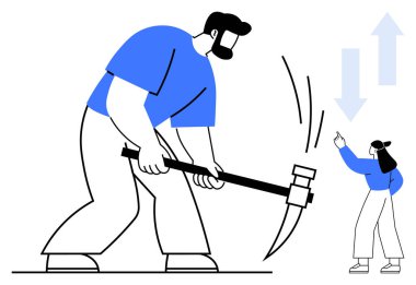 Erkek kazmayı kararlılıkla sallıyor, kadın yukarıyı işaret ederek büyümeyi ve yönü simgeliyor. Takım çalışması, liderlik, kararlılık, strateji, büyüme, kariyer gelişimi için ideal. Düz basit