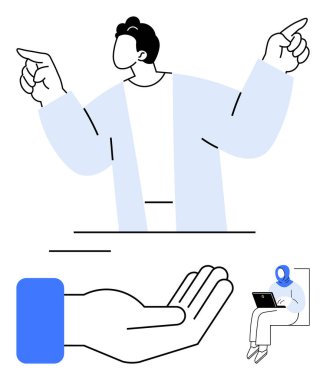 İki eliyle güven içinde hareket eden, cömertliği sembolize eden ve dizüstü bilgisayarda çalışan bir adam. Takım çalışması, liderlik, iletişim, güven, destek, üretkenlik için ideal