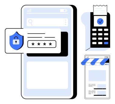 Giriş onayı, ödeme terminali ve güvenli dijital ödemeyi ön plana çıkaran akıllı telefon. Fintech, siber güvenlik, e-ticaret, dijital cüzdanlar, internet sektörü için ideal