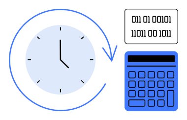 Zamanı simgeleyen dairesel oklu saat, ikili kod ve hesaplama ve analiz için hesap makinesi. Zamanlama, veri analizi, verimlilik, verimlilik, planlama ve zaman tasarrufu için ideal