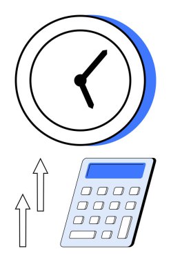 Zamanı gösteren saat, hesaplamayı temsil eden hesap makinesi ve büyümeyi simgeleyen yukarı doğru oklar. Üretkenlik, finans, planlama, teslim tarihleri, tasarruf verimliliği yatırımı için ideal. Düz basit