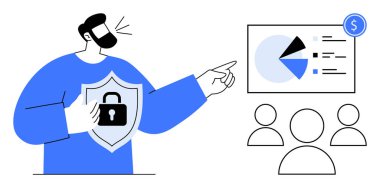 Elinde kilit sembolü olan bir adam üç rakamlı seyirciye seslenirken finansal pasta grafiğini işaret ediyor. Siber güvenlik, finans, analitik, takım çalışması, eğitim ve liderlik için ideal