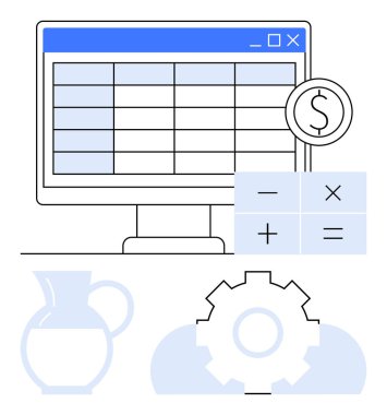 Hesap tablosu, dolar işareti, hesap makinesi, sürahi ve vites simgesini görüntüle. Finans, veri analizi, otomasyon verimliliği iş yönetimi muhasebe ve işlemler için idealdir. Düz basit