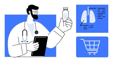 Doktor ilaç şişesini, akciğer illüstrasyonunu ve e-ticaret arabası ikonunu inceliyor. Teletıp, sağlık, eczane, çevrimiçi danışma, tıbbi araştırma, tanı dijital çözümleri için ideal