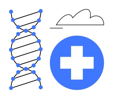 Mavi çemberdeki DNA çift sarmal iplik yapısı, bulut çizgisi ve tıbbi haç biyoteknoloji, bulut hesaplama ve tıbbı temsil eder. Sağlık, araştırma, teknoloji ve yenilik bilimi için ideal