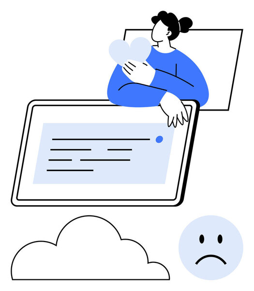 Человек, держащий сердце, перекрывающий экран планшета текстом, рядом с облаком и грустными эмоциями. Идеально подходит для психического здоровья, эмоций, самообслуживания, поддержки, одиночества, цифрового общения и личностного роста.