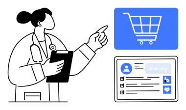 Dijital hasta kayıt arayüzünün yanında online alışveriş arabasını gösteren panosu olan bir doktor. Teletıp, e-sağlık, çevrimiçi alışveriş, sağlık teknolojisi, dijital araçlar için ideal