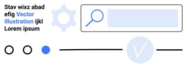 Arama barının yanındaki vites simgesi büyüteç, mavi kontrol işareti, navigasyon noktaları ve dikey çizgiler. UIUX tasarımı, web geliştirmesi, arama işlevleri, ilerleme izleme, ayarları için ideal
