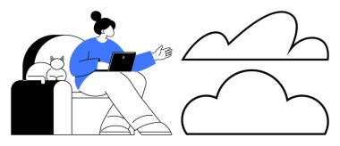 Kadın, dizüstü bilgisayar kullanarak kanepede oturmuş, iki bulut simgesine doğru hareket ediyor. Evden çalışma, bağlantı, teknoloji, iletişim, bulut depolama, işbirliği verimliliği için ideal. Düz