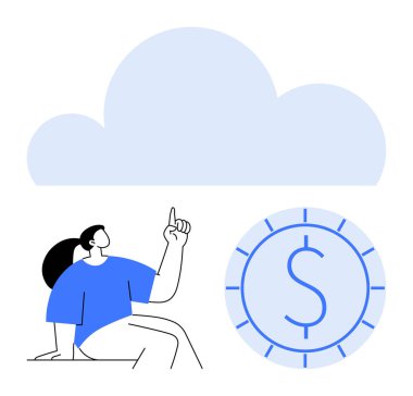 Yukarıdaki büyük bir buluta doğru el kol hareketi yapan bir kadın ve yanında bir dolar işareti olan büyük bir bozuk para. Teknoloji, bulut hesaplama, finans, tasarruf, yenilik, dijital ekonomi ve strateji için ideal. Düz basit