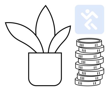 Büyümeyi sembolize eden saksı bitkisi, finansal zenginliği temsil eden madeni paralar, ve hareket ve başarı öneren çalışan figür. Finans, büyüme, sürdürülebilirlik, kariyer, yatırım, motivasyon için ideal