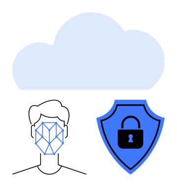 Biyometrik yüz tanıma sistemine sahip bulut ve korumalı kalkan kilidi, veri güvenliği ve kimlik doğrulamasını vurguluyor. Siber güvenlik, gizlilik, kimlik doğrulama, teknoloji, bulut depolama için ideal