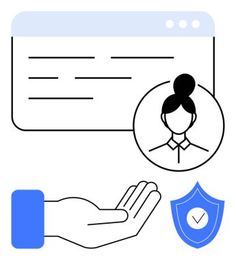 Tarayıcı penceresi, kullanıcı profili avatarı, açık el hareketi ve kontrol işaretli kalkan veri korumasını vurguluyor. Güven, güvenlik, mahremiyet, kimlik teknolojisi sorumluluğu için ideal. Düz