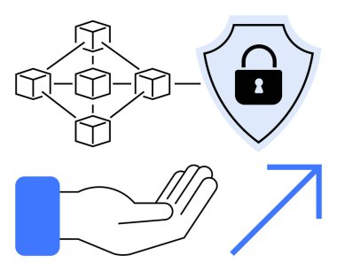 Blockchain yapısı, kilitli kalkan, yukarı doğru ok, güven ve büyümeyi işaret eden açık el. Finans, teknoloji, güvenlik, yenilik güven dijital çözümler iş büyümesi için idealdir. Düz