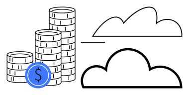 Soyut bulutların yanında madeni yatırımları, tasarrufu ve bulut hesaplamasını tasvir eden madeni paralar yığını. Bankacılık, teknoloji, büyüme, fintech, ekonomi stratejisi ve dijital geçiş için ideal. Düz