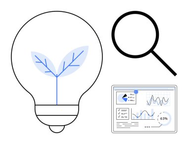 İçinde bitki bulunan ampul büyüme fikirlerini sembolize eder. Araştırma analitik paneli için büyüteç ve grafikler veri içgörülerini gösterir. Teknoloji, iş büyümesi, yenilik ve sürdürülebilirlik için ideal