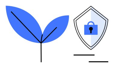 Kalkandaki mavi yapraklar ve asma kilit büyüme ve güvenliği gösteriyor. Sürdürülebilirlik, veri koruması, çevre sağlığı, teknoloji güvenliği, çevre dostu uygulamalar, güvenli büyüme, dijital