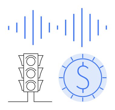 Trafik ışığı, ses dalgası ve para bağlantıyı, finansal işlemleri, karar verme mekanizmasını ve sistem analizini simgeliyor. Teknoloji, ekonomi, iletişim otomasyonu dijital için ideal