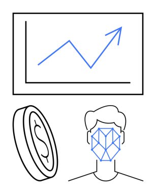 Yükselen trend çizgisi, dolar parası, yüz tanıma sistemi finans, büyüme, güvenlik, teknoloji, dijital kimlik ve yüz tarama sistemlerini temsil ediyor. Başarı için ideal yenilik fintech yapay zeka pazarlaması