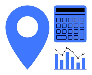 Mavi konum işaretleyici, hesap makinesi ve noktaları birleştiren grafikler. Finans, analitik, navigasyon, istatistik, iş stratejisi ve organizasyon için ideal. Düz basit metafor