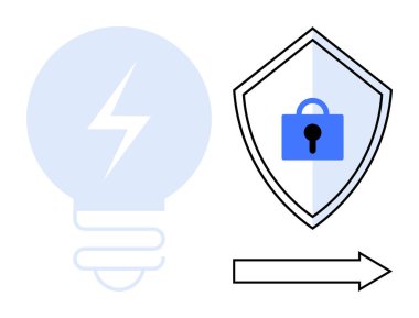 Yıldırımlı ampul, asma kilitli kalkan ve sağa bakan ok. Siber güvenlik, yenilik, enerji çözümleri, veri koruması, ileri görüşlü ilerleme teknolojisi için idealdir. Soyut