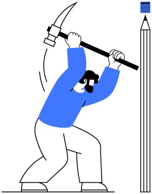 Kazmalı bir insan büyük bir kalem yontuyor, hassasiyet, yaratıcılık ve beceri geliştirme konusunda çaba gösteriyor. İstikrar, odaklanma, zanaat, yaratıcılık, öğrenim iş ahlakı için ideal