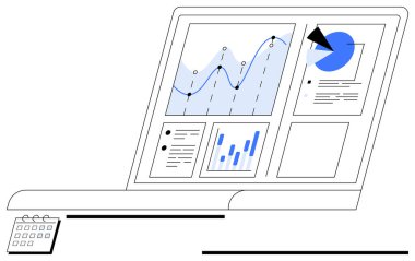 Grafikler, pasta grafiği ve veri görselleştirmesini, analitiği ve organizasyonunu gösteren gereçleri içeren dizüstü bilgisayar ekranı. İş analizi, pazarlama, istatistik, teknoloji verimliliği için ideal