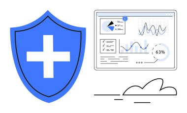 Haçlı kalkan simgesi, veri eğilimlerini, grafiklerini ve analizlerini gösteren grafik panelinin yanında korumayı sembolize eder. Gizlilik, siber güvenlik, bulut depolama, veri yönetimi ve analitik için ideal