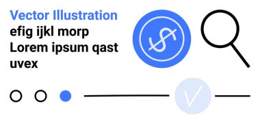 Büyüteç, dolar işareti ve işaretli öğeler metinle eşleştirilmiş. Finansal analiz, arama optimizasyonu, onay süreçleri, kurumsal sunumlar, pazarlama, web tasarımı için ideal
