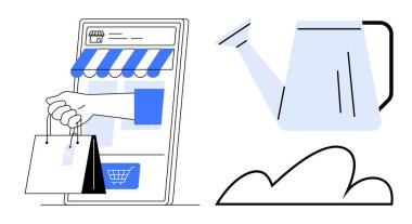 İnternetten alışveriş yapan bir telefondan alışveriş torbası alıyor. Sulama büyümeyi sembolize edebilir. E-ticaret, büyüme, iş, perakende, çevrimiçi pazarlama, sürdürülebilirlik, satış için ideal