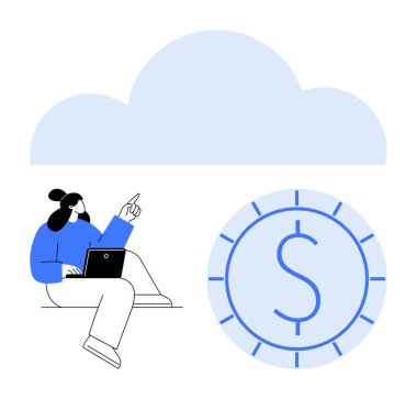 Dizüstü bilgisayarlı bir kadın büyük dolar sembolünün üstündeki bulutu göstererek tasarrufu temsil ediyor. Dijital ekonomi, bulut teknolojisi, finans, yenilik, veri yönetimi, çevrimiçi yatırım için ideal