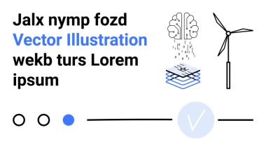 Yağmurlu beyin simgesi, rüzgar türbini, katman yığını ve işaretli daire şeklinde. Yenilik, teknoloji, yenilenebilir enerji, yaratıcı düşünce, proje yönetimi stratejik planlama için ideal