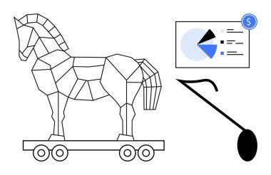 Geometrik Truva atı, turta grafiğinin yanında mali verileri ve siyah bir olta iğnesini gösteriyor. Siber güvenlik, online dolandırıcılık, veri ihlali, hackleme, dijital güvenlik, dolandırıcılık için ideal