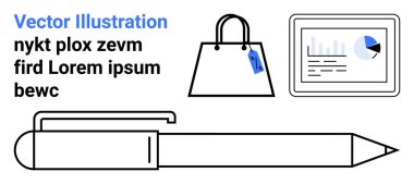 Klipsli kalem, etiketli alışveriş çantası, ve ekranda iş, alışveriş, yazı, pazarlama, analiz, eğitim e-ticaretini temsil eden analizler. İniş sayfası afişi için ideal