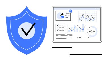 Dosya, grafik ve istatistikleri gösteren bir veri arayüzünün yanında kontrol işareti olan mavi güvenlik kalkanı. Veri güvenliği, analitik, teknoloji koruması, çevrimiçi güvenlik, siber güvenlik, dijital için ideal