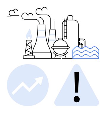 Egzoz kuleleri, su dalgası ikonları, yükselen grafikler ve uyarı işaretleri olan endüstri tesisleri. Enerji, kirlilik, büyüme riskleri, güvenlik, çevresel etki enerji üretim sektörü için ideal