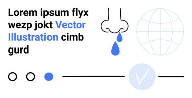 Mavi damlacıklı burun, geniş dünya çizgisi, çeşitli daire simgeleri ve çizgileri, vektör illüstrasyonlu yer tutucu metin. Sağlık hizmetleri, alerji farkındalığı, küresel konsept, tıbbi temalar için ideal