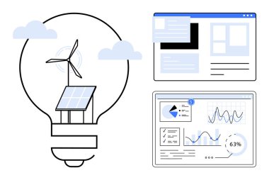 İçinde rüzgar türbini ve güneş paneli olan ampul yenilenebilir enerjiyi sembolize eder. Yakınlarda, dijital paneller veri analizi ve performans ölçümlerini gösteriyor. Enerji ve sürdürülebilirlik için ideal