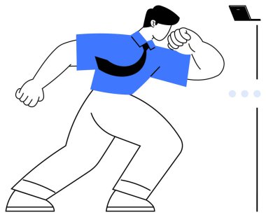 Mavi gömlekli ve kravatlı bir karakter özveri, enerji, kararlılık ve hedef başarısını temsil eden bir dizüstü bilgisayara doğru emin adımlarla ilerliyor. Üretkenlik, odaklanma, iş motivasyonu ve başarı için ideal