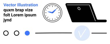Dijital verimliliği gösteren bir dizüstü bilgisayarın yanında meşgul bir saat. Üç daire göstergesi, biri dolu. Mavi işaret, görevin tamamlandığını gösteriyor. Proje yönetimi için ideal, üretkenlik araçları, zaman