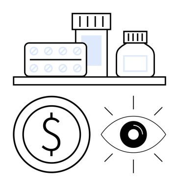 Raflardaki şişeler ve su toplamaları sağlık hizmetlerini, dolar ve göz simgeleriyle birleşince maliyet ve farkındalığı simgeliyor. Sağlık, eczane, maliyet, ekonomi, bütçe ve refah için ideal