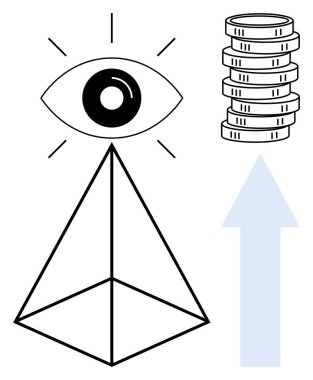 Geometrik piramidin üzerindeki göz, bozuk para yığını ve yukarı doğru ok büyüme, görme, zenginlik ve hırsı simgeliyor. Finans için ideal, ilerleme, başarı öngörü yenilik liderlik düz düz